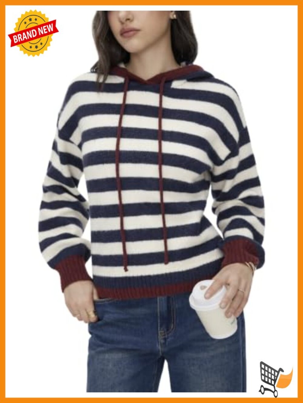 Womens Hooded Striped Knit Pullover Drawstring Relaxed Sweater